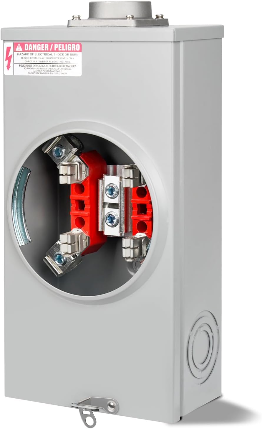 JINDOUZI 200 Amp 4 Jaw Meter Socket Base, 600V 3 Wire Ringless Horn Bypass, Overhead/Underground Feed Durable Copper Steel