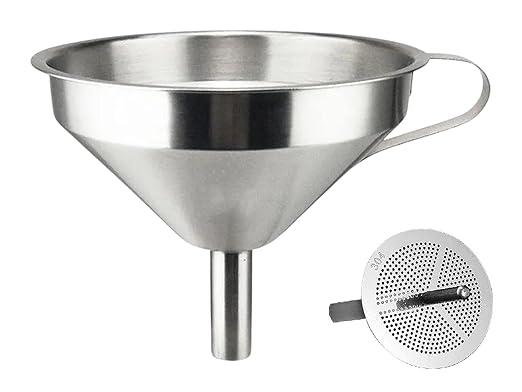 Multipurpose Stainless Steel Funnel with Removable Strainer – 11CM Wide Mouth Kitchen Funnel for Bottling Oil, Juice, Powder, and More – Durable Metal Funnel for Home Use