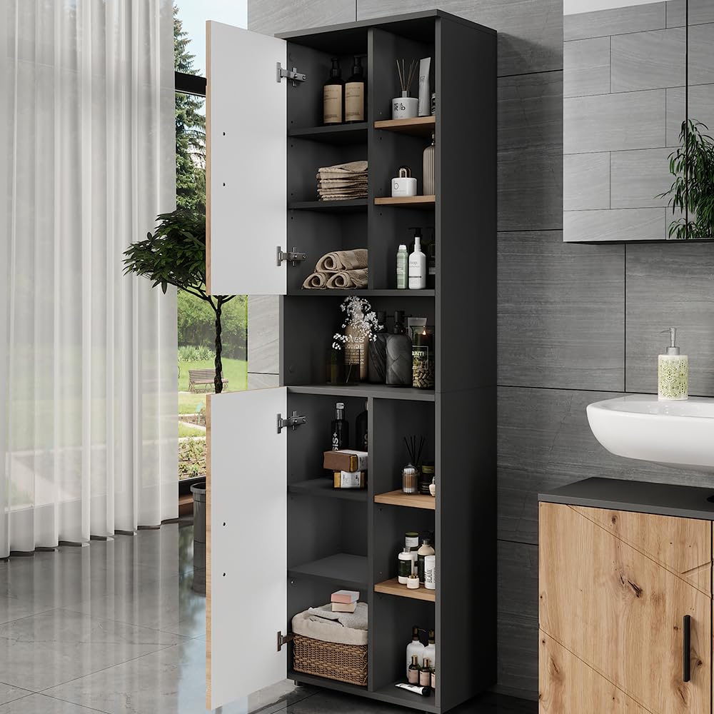 Vicco Hochschrank Irma, Anthrazit/Goldkraft Eiche, 50 x 172 cm mit 2 Türen, mit integriertem Wäschekorb zur Trennung von Wäschearten