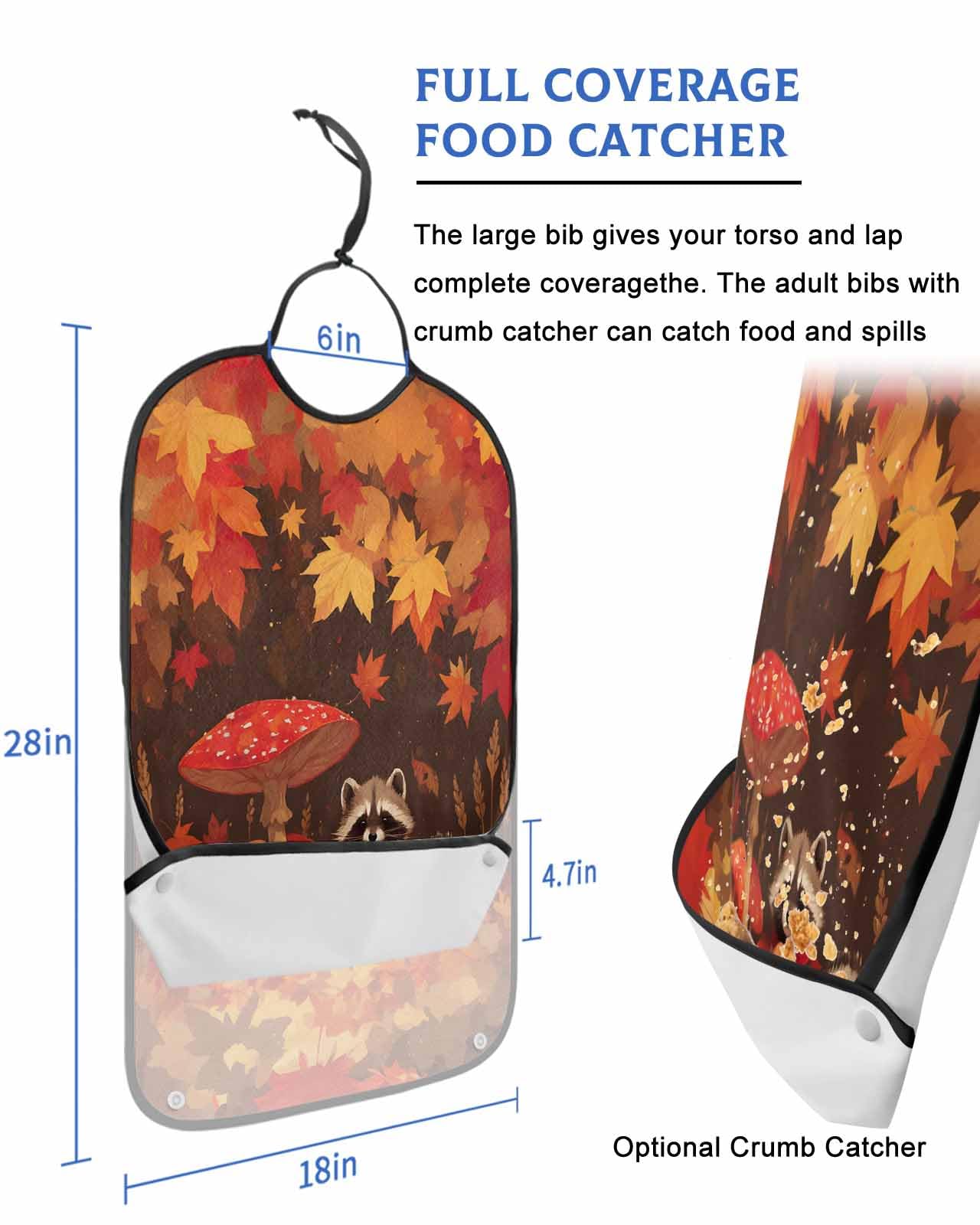 Fall Mushroom Raccoon Adult Bib for Eating with Crumb Catcher,Red Orange Autumn Maple Leaf Washable & Waterproof Terry Cloth Adjustable Elderly Women Men Adult Bibs Funny Apron Clothing Protector