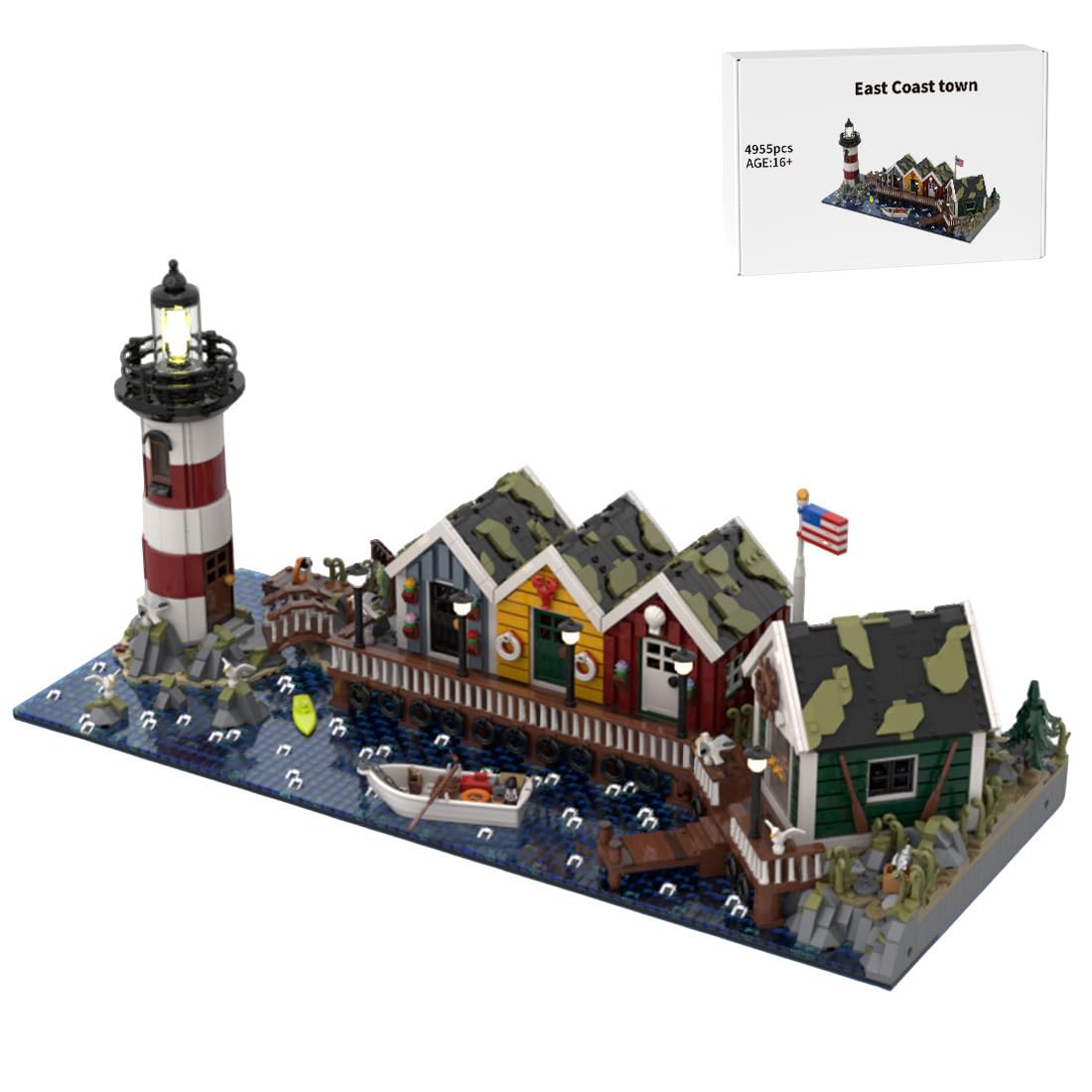 Architektur Klemmbausteine Set, 4955 Teile Leuchtturm & Küstendorf Diorama Modellbausatz, Nordatlantische Coast Town MOC Display Bauwerk für Erwachsene, MOC-220004