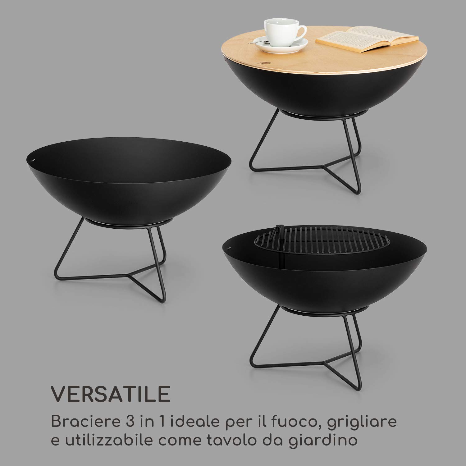 Blumfeldt Orbit - Braciere in Acciaio 3in1, Bracere, Griglia con 4 Regolazioni in Altezza: Ø 40 cm e Tavolino, Ø 60 cm, Braciere con Parascintille, Nero