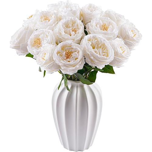 3.5'' Larger Bloom White Roses Artificial Flowers,6 Pcs Latex Fake Austin Rose Real Touch Flowers for Bridal Bouquet Home Wedding Table Centerpieces Birthday Decor