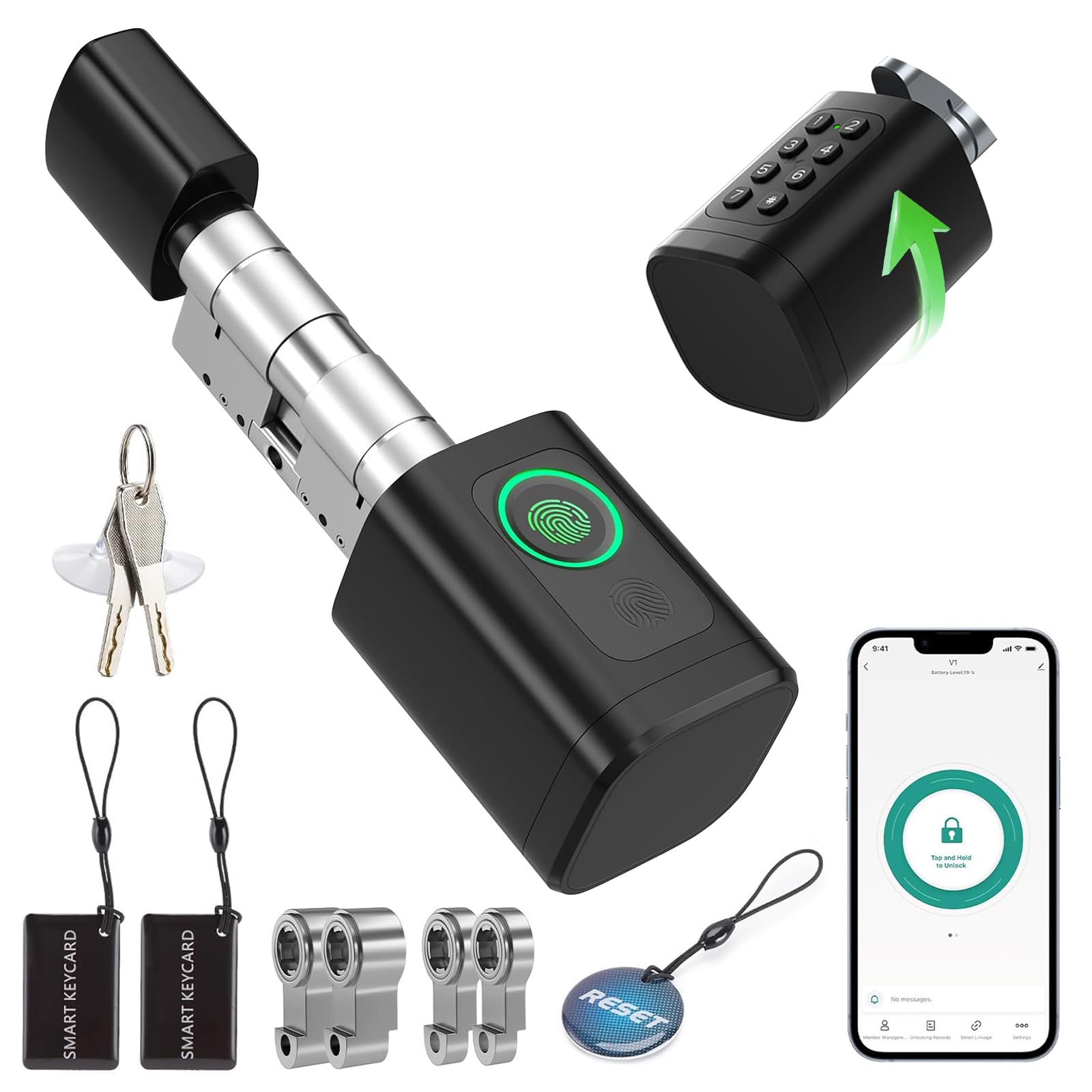 Cerradura Inteligente 5 en 1 para Puerta Principal, Cilindro Ajustable 60–90 mm, Apertura con Huella, Contraseña, Tarjeta RFID, Tuya App, Bluetooth y Llave, Modo Invitado y Contraseña Única