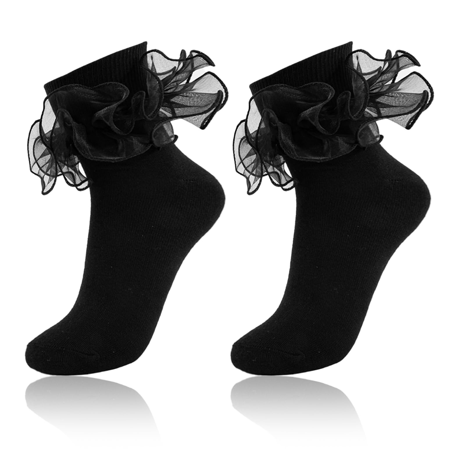 MKYSZLT Women Big Ruffle Ankle Socks,Adult Double Lace Turn Cuff Cotton Frilly Dress Socks Cute Bobby Sock with Ruffles, Black - 2 Pairs, One size