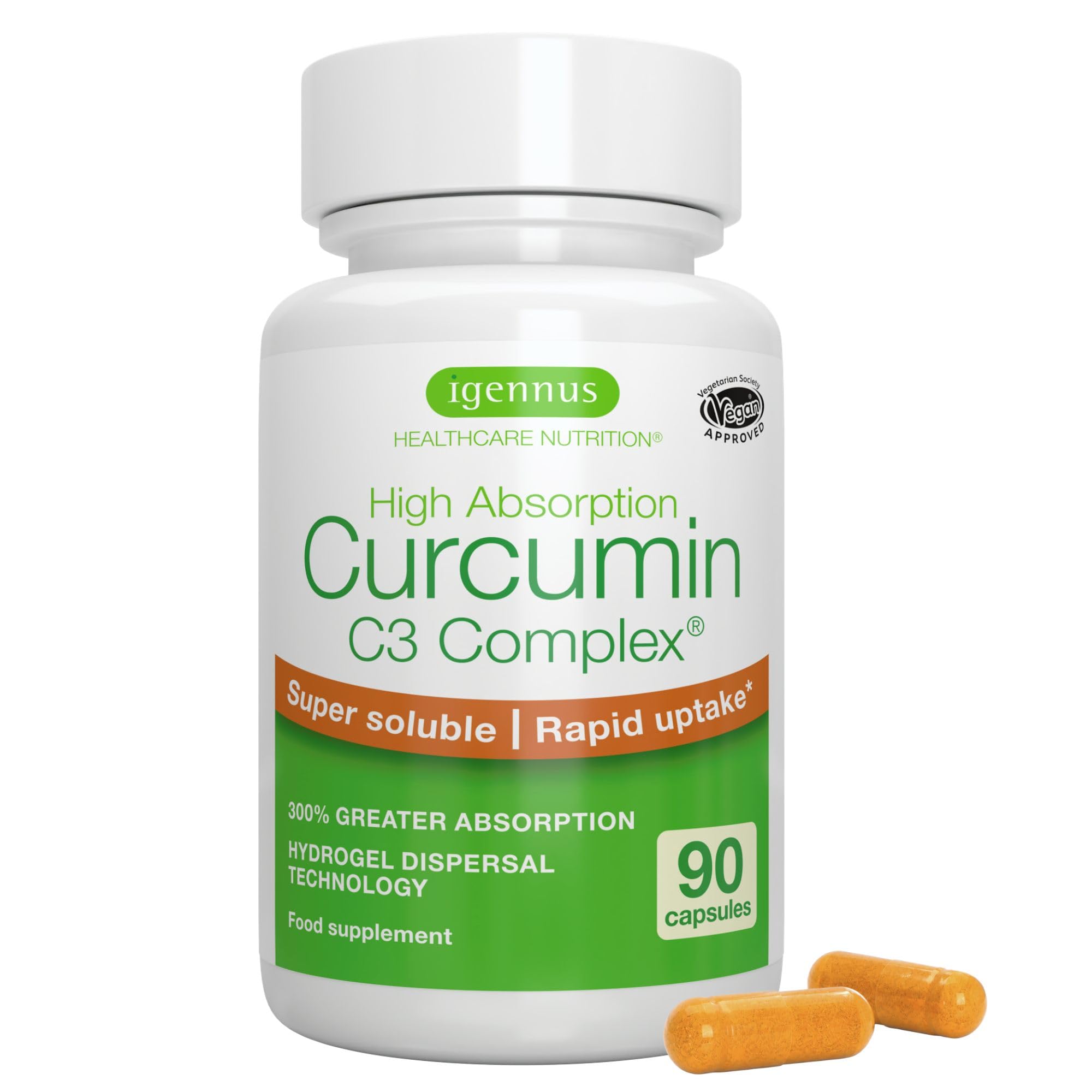 Igennus Curcumine C3 Complex Haute Qualité, Extrait Cliniquement Étudié Technologie Hydrogel Biodisponibilité Optimisée, 1 Gélule par Jour, 90 Gélules Véganes Clean Label
