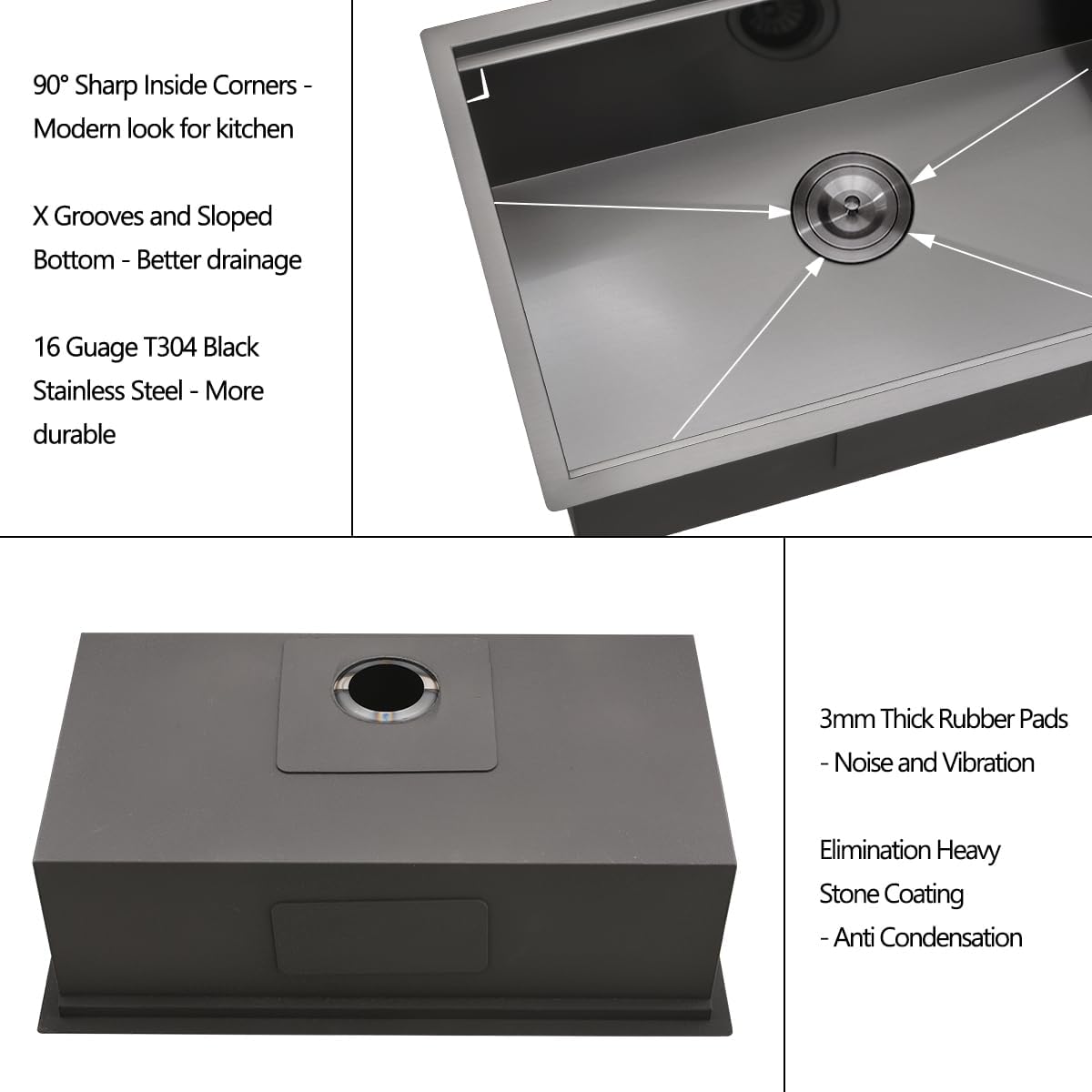 30 Black Stainless Steel Undermount Kitchen Sink, Luckyhorse 16 Gauge 30x19x10 Inches Black Stainless Steel Undermount Single Bowl Workstation Kitchen Sink with Accessories LH013S