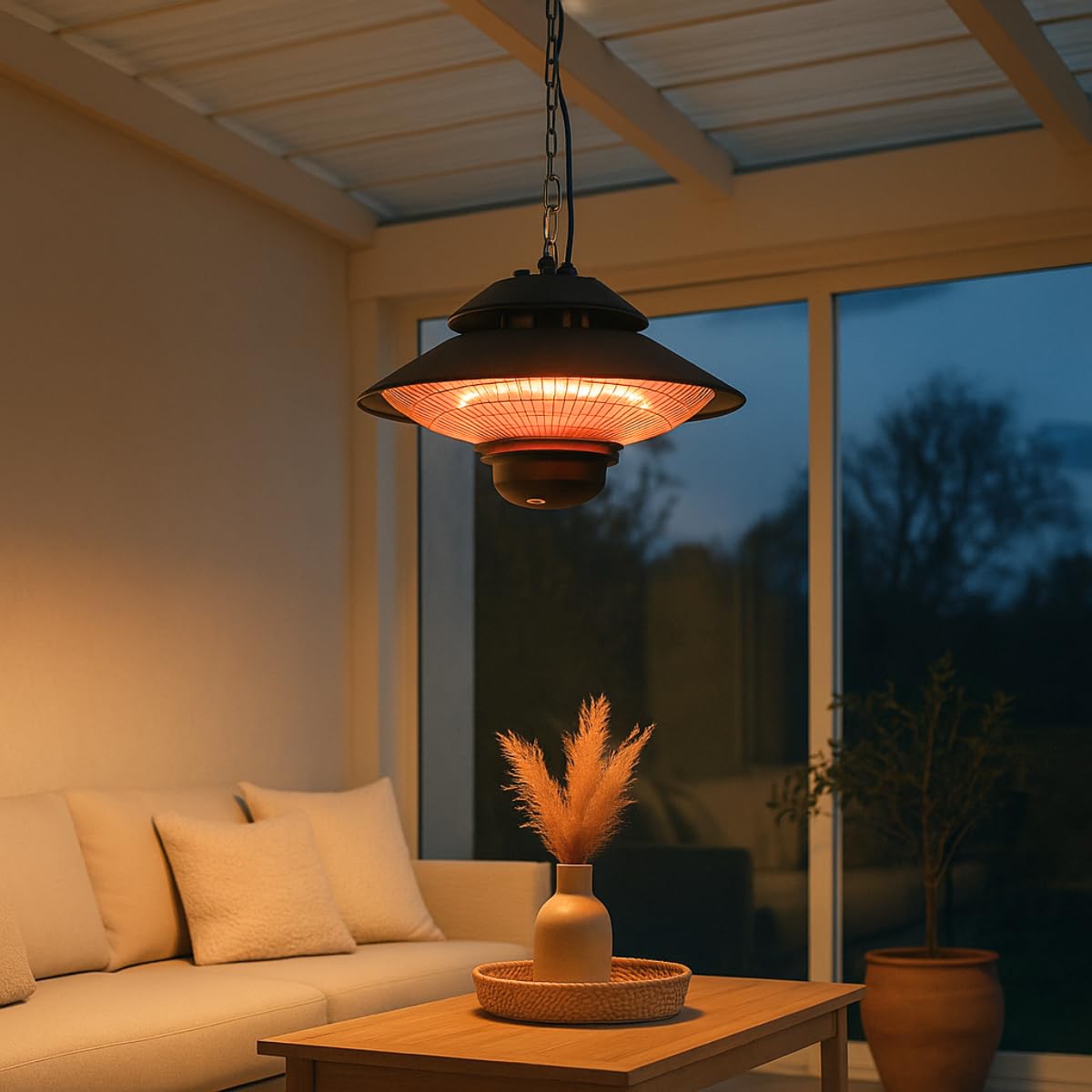 alpina Chauffage Extérieur Terrasse 1500W – Chauffage Électrique Suspendu Rond Infrarouge avec Télécommande – Radiateur de Terrasse Intérieur/Extérieur, Noir