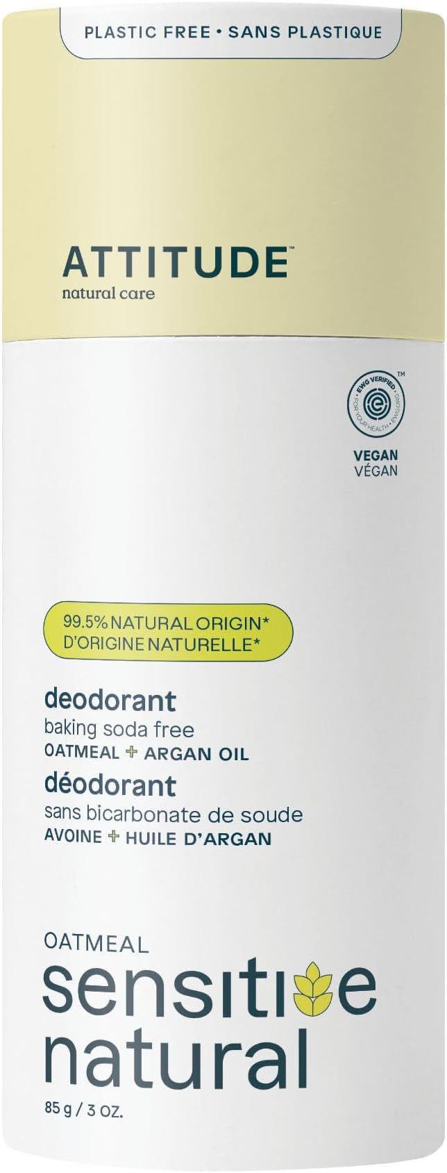 ATTITUDE Baking Soda Free Deodorant for Sensitive Skin with Oatmeal and Argan Oil, EWG Verified, Aluminum Free, Plastic-Free, 85 Grams
