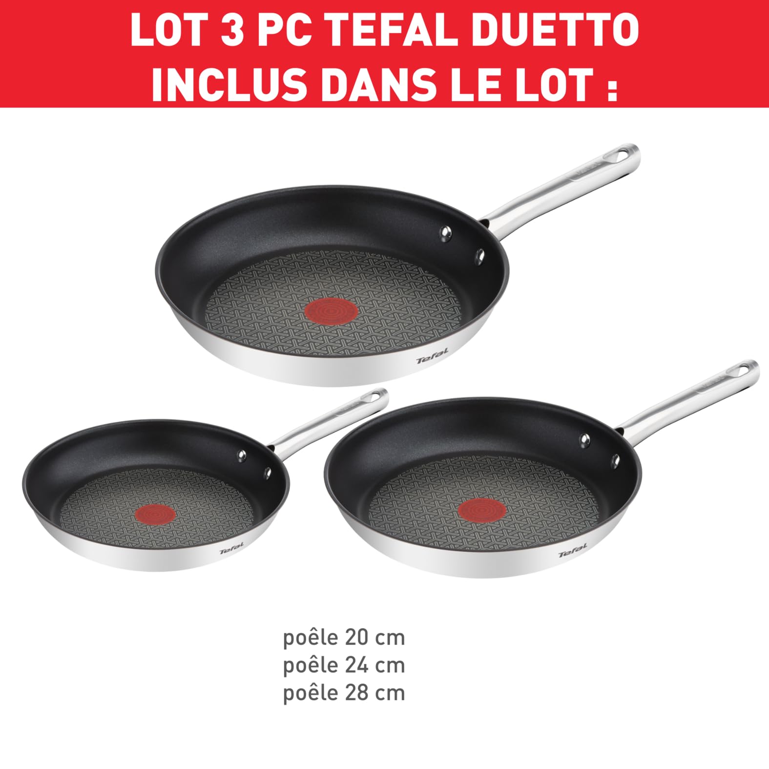 Tefal Duetto Lot de 3 poêles 20/24/28 cm, Induction, Acier inoxydable, Revêtement antiadhésif, Thermo-Spot, Cuisson saine, Saisie parfaite A704S363