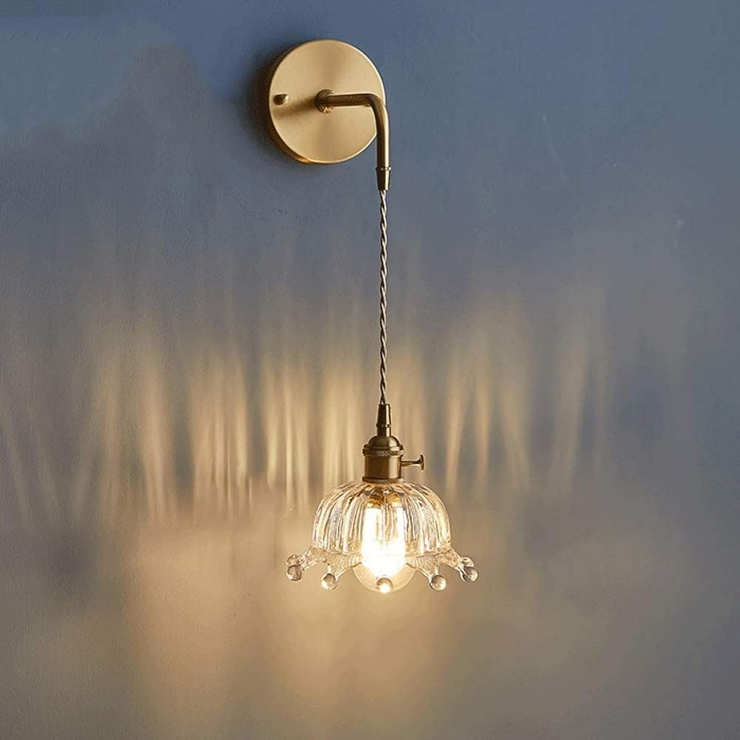 CWCQGH Wall Light Long-line Chandelier Bedroom Bedside Wall Lamps, All-Copper Glass Flower Cup Lampshade Wall Sconces,18cm