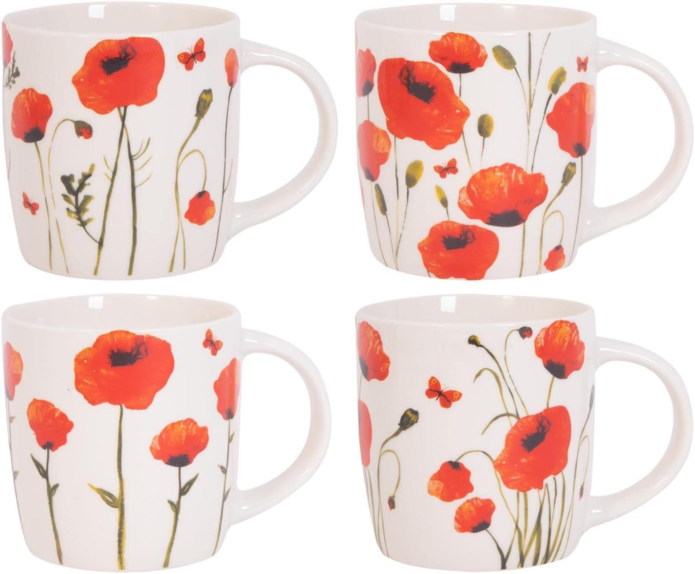 Set Of 4 Poppy Floral Design Mugs New Bone China Coffee Tea Cups 350ml Home Kitchen Mug Set