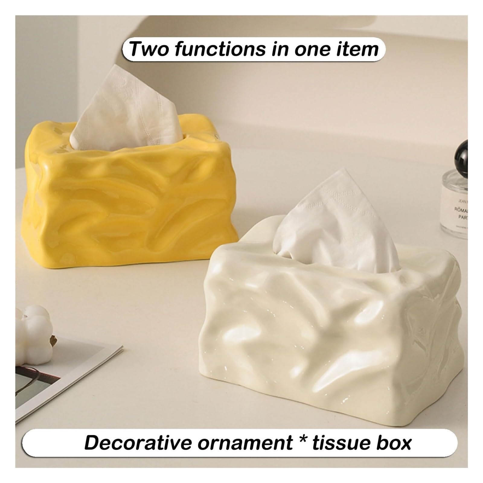 Kosmetiktuch-Spenderbox Luxuriöse Taschentuchbox aus Keramik, minimalistischer Glazial-Stil, Heimdekoration, hochwertiger Tisch-Organizer Must-Haves für die Wohnung(Yellow)