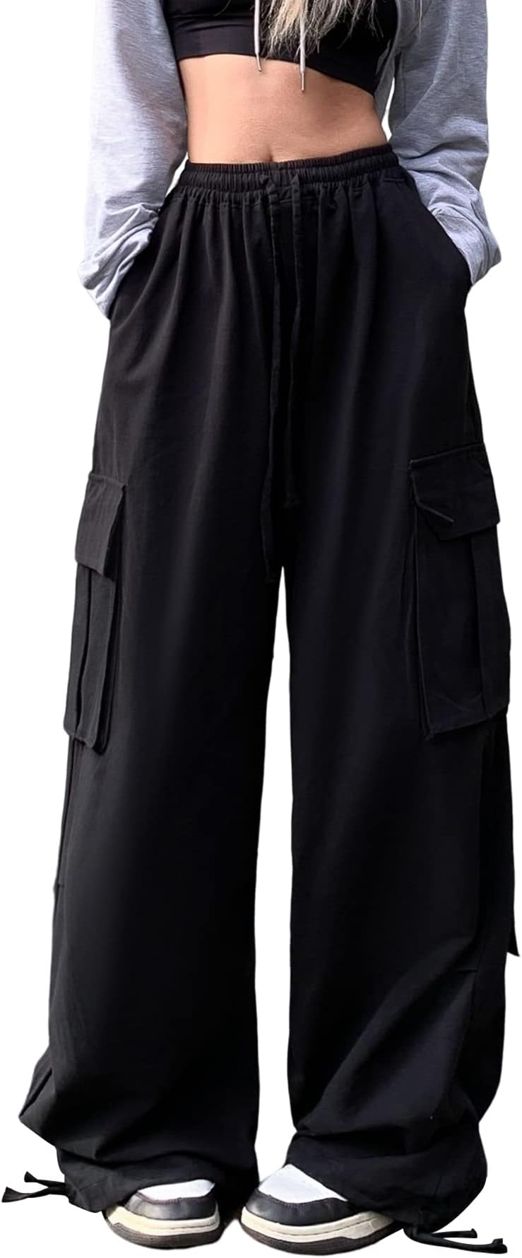 Linsennia Y2k Parachute Pants Wide Leg Cargo Trousers Women Baggy Girls Cargo Pants Loose Fit Elasticated Waist Streetwear