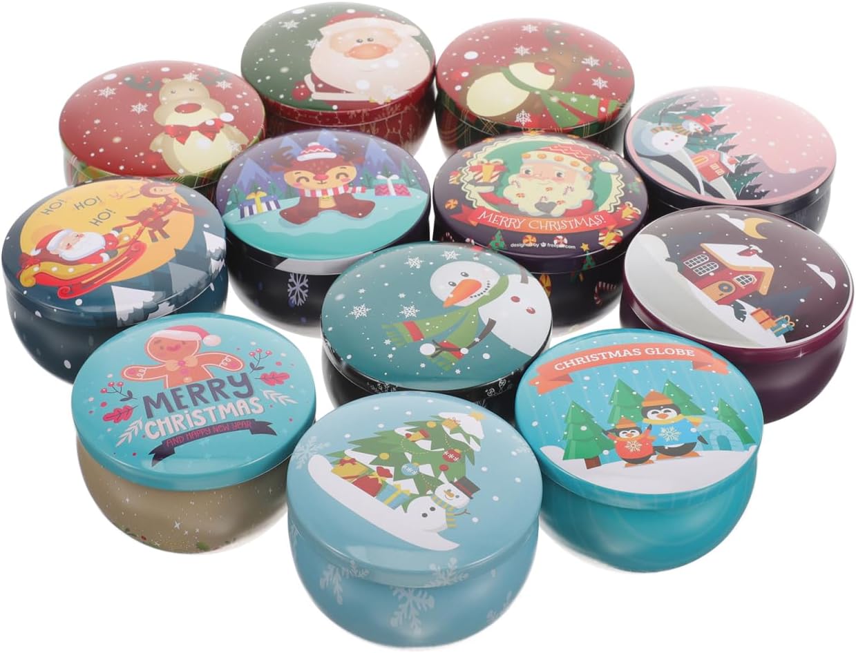 DOITOOL 12PCS Mini Christmas Candle Tins for Candle Making, Christmas Candle Tin 2.2 Empty Candle Jar with Lid for Candle, Mini Candle Containers for Party Favors