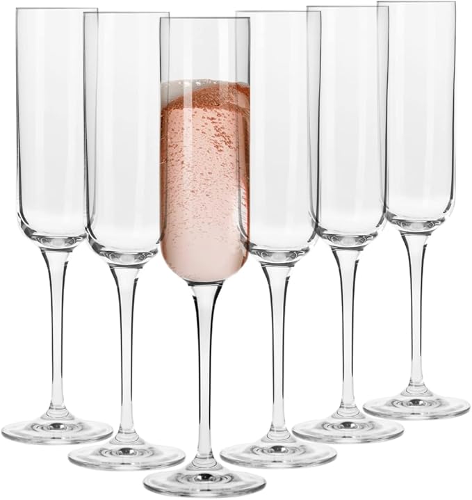 Krosno Crystal Champagne Flute Glass, Set of 6, 5.8 oz, Glamour Collection, Elegant Slim Champagne Flutes for Prosecco, Sparkling Wine, Champagne and Mimosas, Dishwasher Safe, Made in Europe