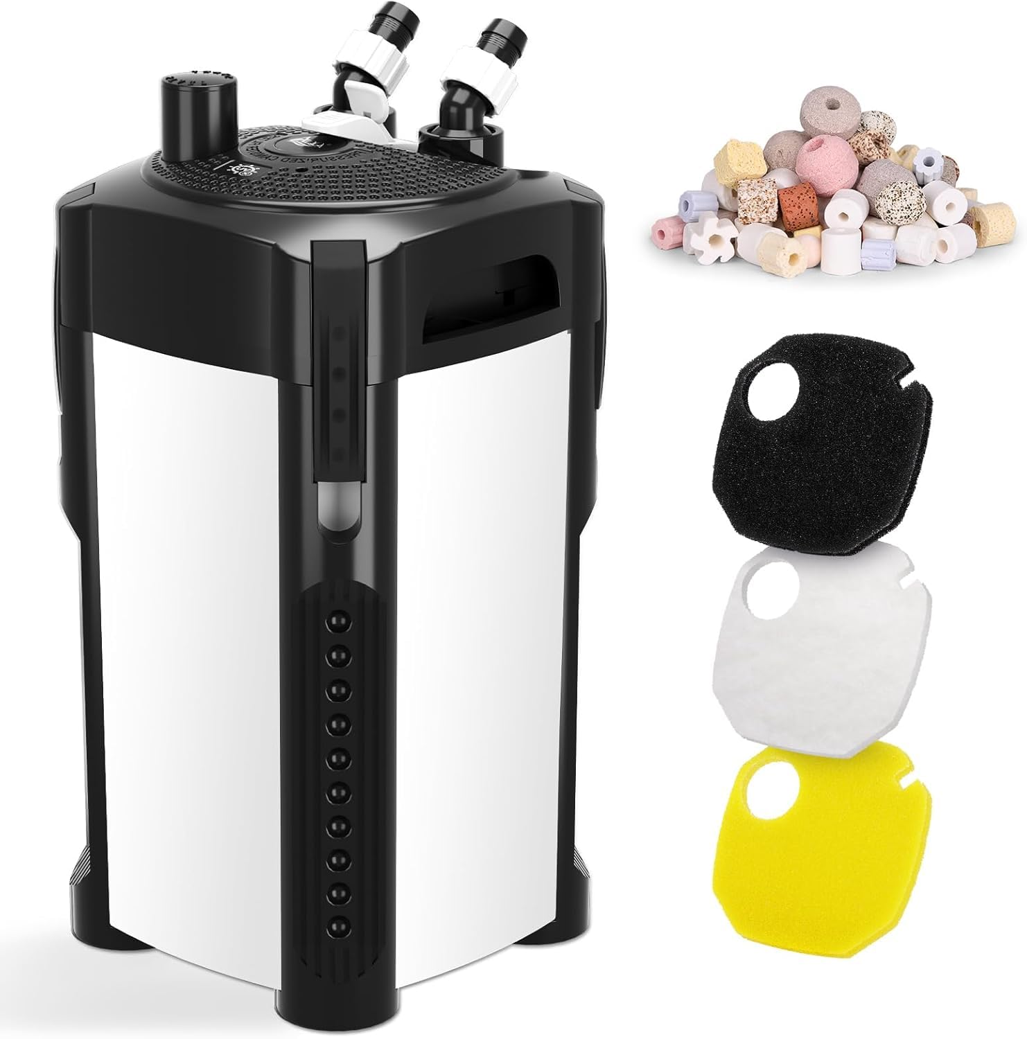 AQQA Filtro externo para acuario, 1800 l/h, filtro de recipiente ajustable para acuarios, filtro externo para tanques de hasta 350 L, incluye filtración de 3 etapas y accesorios completos