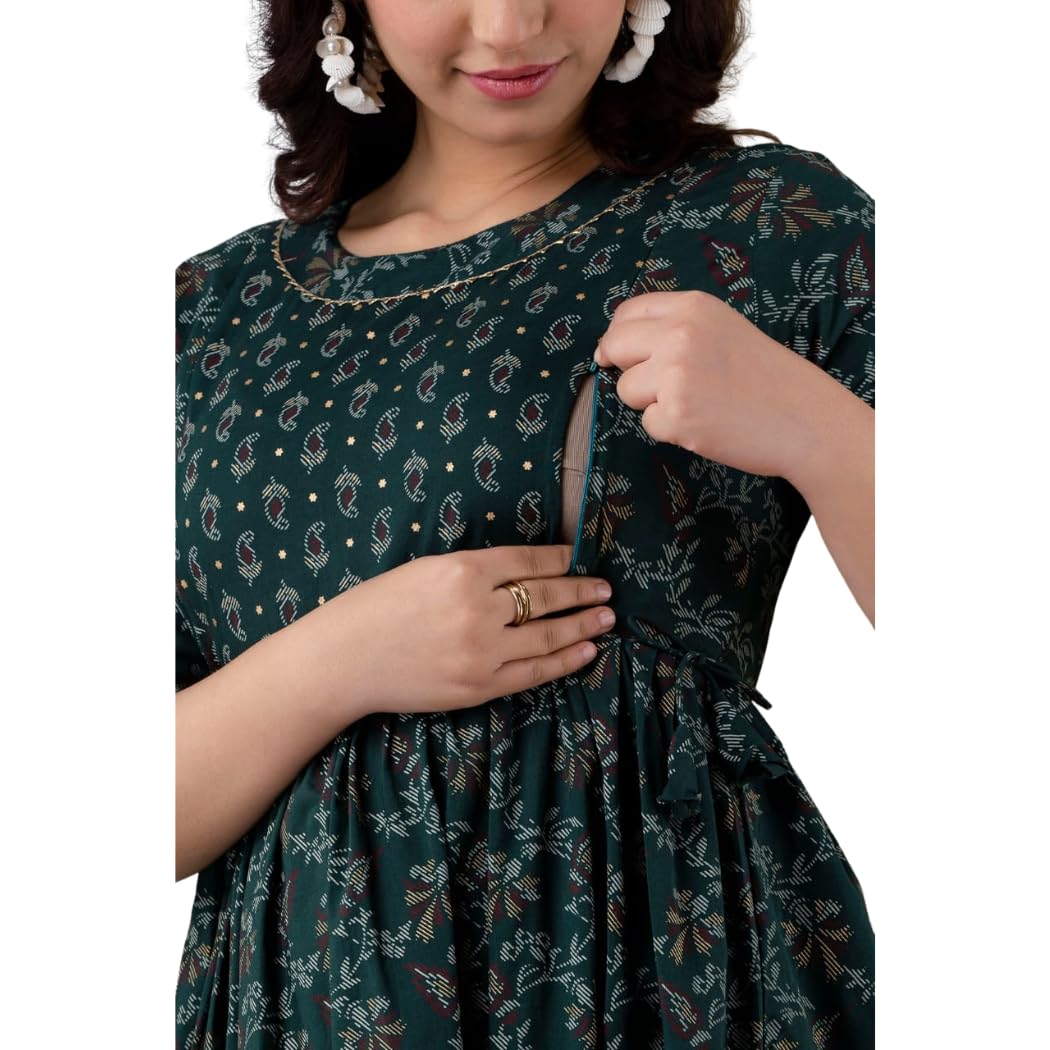 Cotton Rayon Maternity Kurta for Women Floral Printed Feeding Kurti with Hidden Zip 3/4 Sleeve Pregnancy & Nursing Wear-image-49