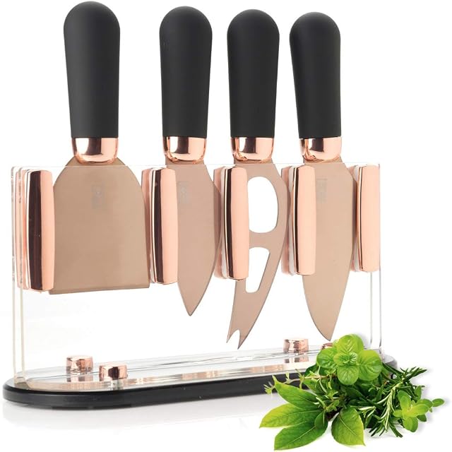 Cheese Knives & Stand [Rose Gold] - Brooklyn by Taylors Eye Witness. Transparent Acrylic Holder & 4-Piece Knife Set. Hard Titanium-Plated, Super Sharp Blades. Soft Grip Handles. 2 Year Guarantee.