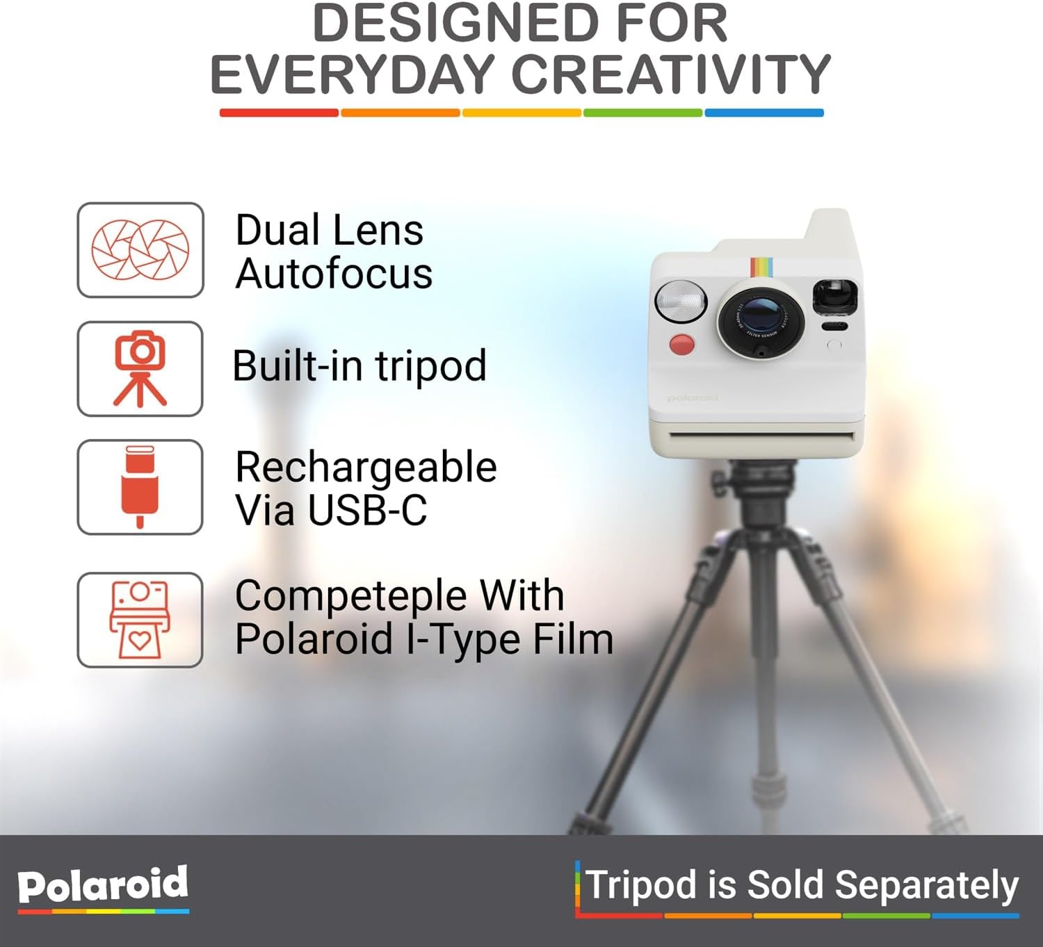 Polaroid Now Generation 3 I-Type Instant Camera (Pebble White) Bundle with Color I-Type Film (8 Exposures), Hard Protective Case and Wrist Strap