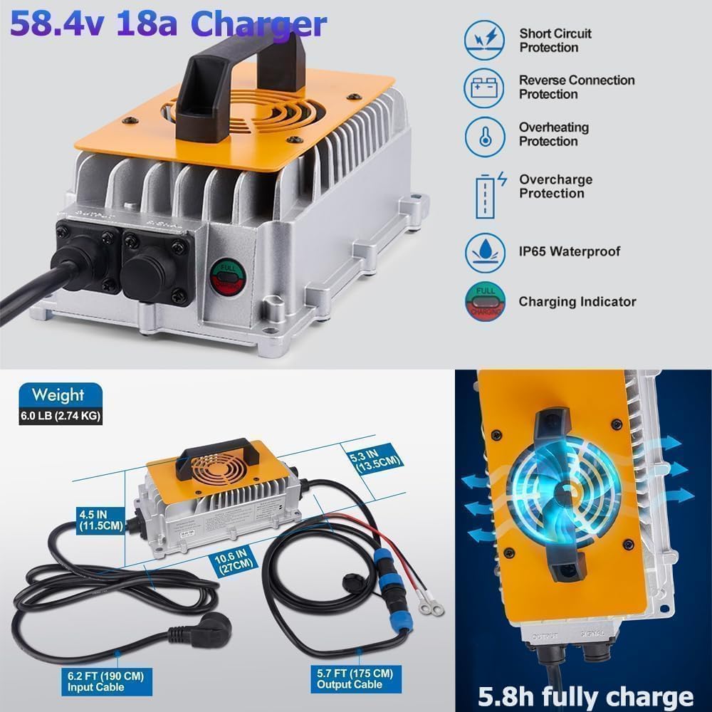 JOSMA 58.4V 18A Charger with specifications and cooling fan detail