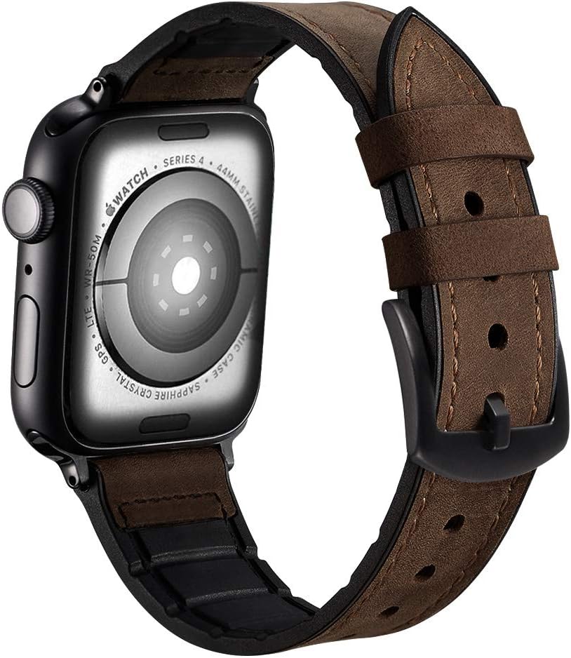 Karei Hybrid Rubber Leather Sports Band Compatible with Apple Watch Bands Sweat Proof Silicone Vintage Replacement Straps iwatch Series 4 44mm,Series 1 2 3 42mm (Retro Coffee, 44mm/42mm)