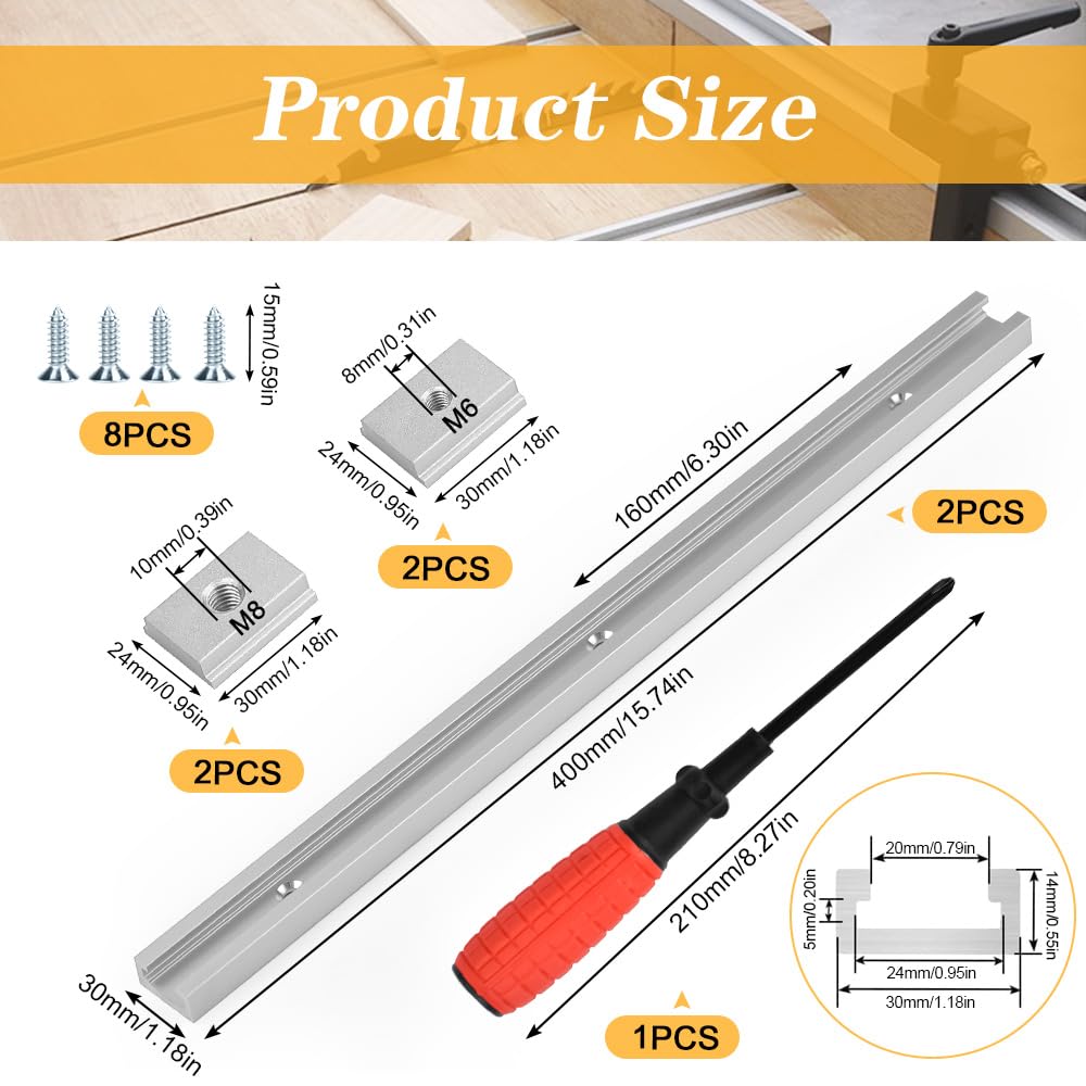 2 Piezas Guías T de 400 mm Riel para Mesa de Trabajo con 4 Tuercas 8 Tornillos y 1 Desatornillador Guía de Aluminio para Sierra de Banco Guía Deslizante para Mesa de Corte Router Fresadora