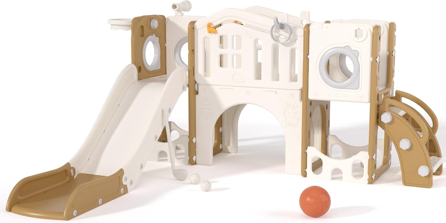 67i 10-in-1 Toddler Playground Set with Slide & Climber, Indoor Outdoor Play Gym for Toddlers 1-3, Quick Compact Setup Kids Playset with Basketball Golf Ring Toss Telescope Dino Area (White Coffee)