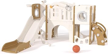 67i 10-in-1 Toddler Playground Set with Slide & Climber, Indoor Outdoor Play Gym for Toddlers 1-3, Quick Compact Setup Kids Playset with Basketball Golf Ring Toss Telescope Dino Area White Coffee