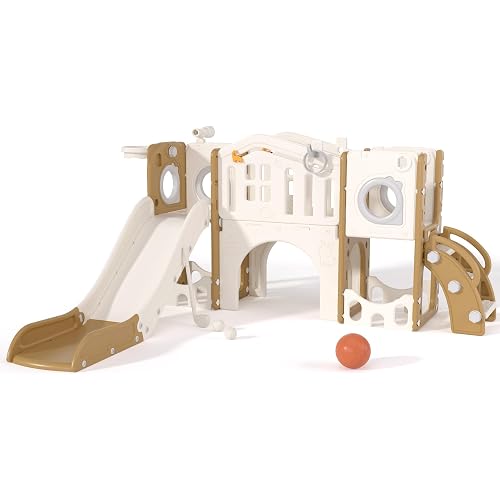 67i 10-in-1 Toddler Playset, Indoor Outdoor Playground, Multi-Function Slide Climber (White Coffee)