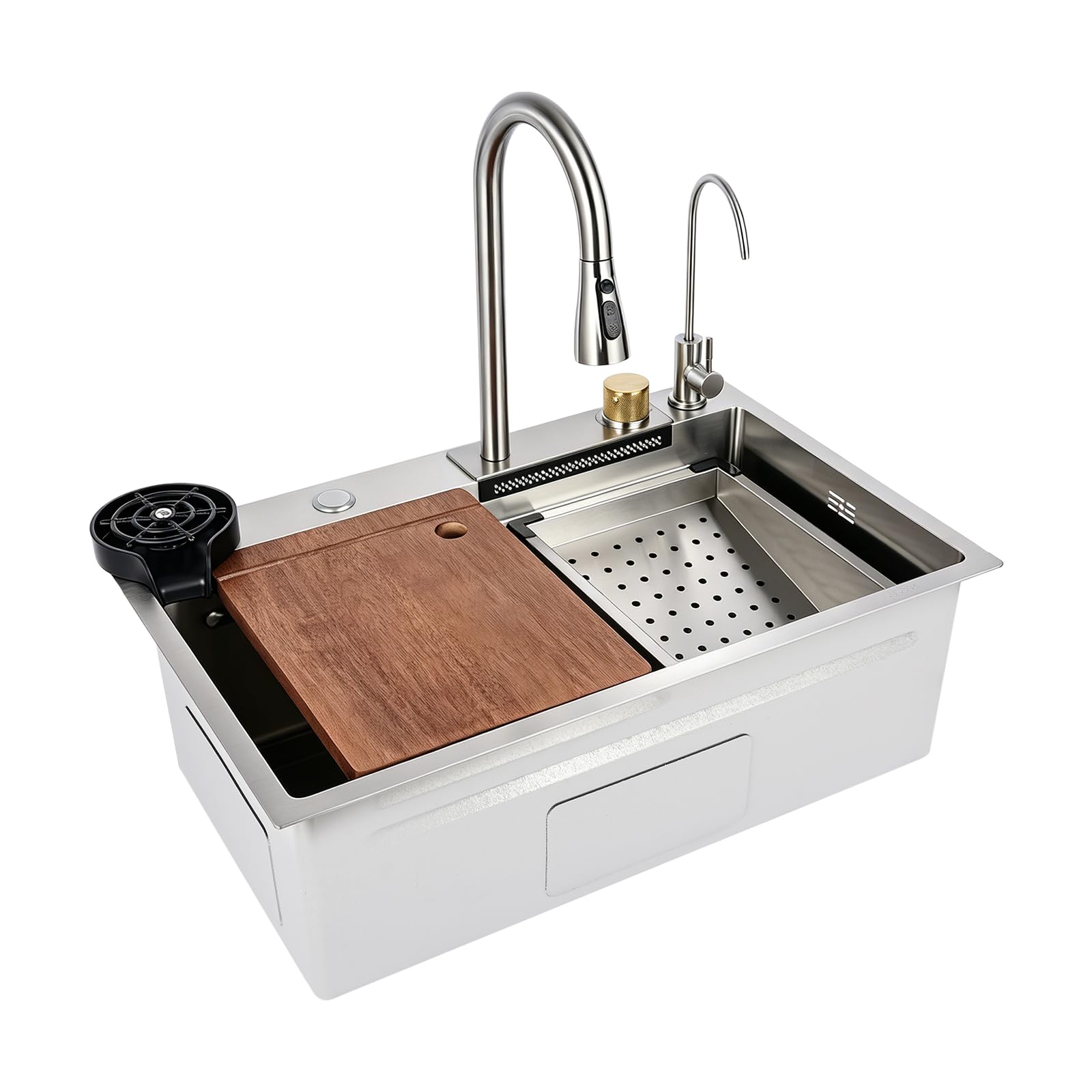 Fregadero de cocina 68 × 35 × 21 cm, acero inoxidable 304, 4 modos, juego completo | Grifo extensible con diseño de doble etapa, incluye 5 puntos de montaje preperforados, sifón y sistema de filtro