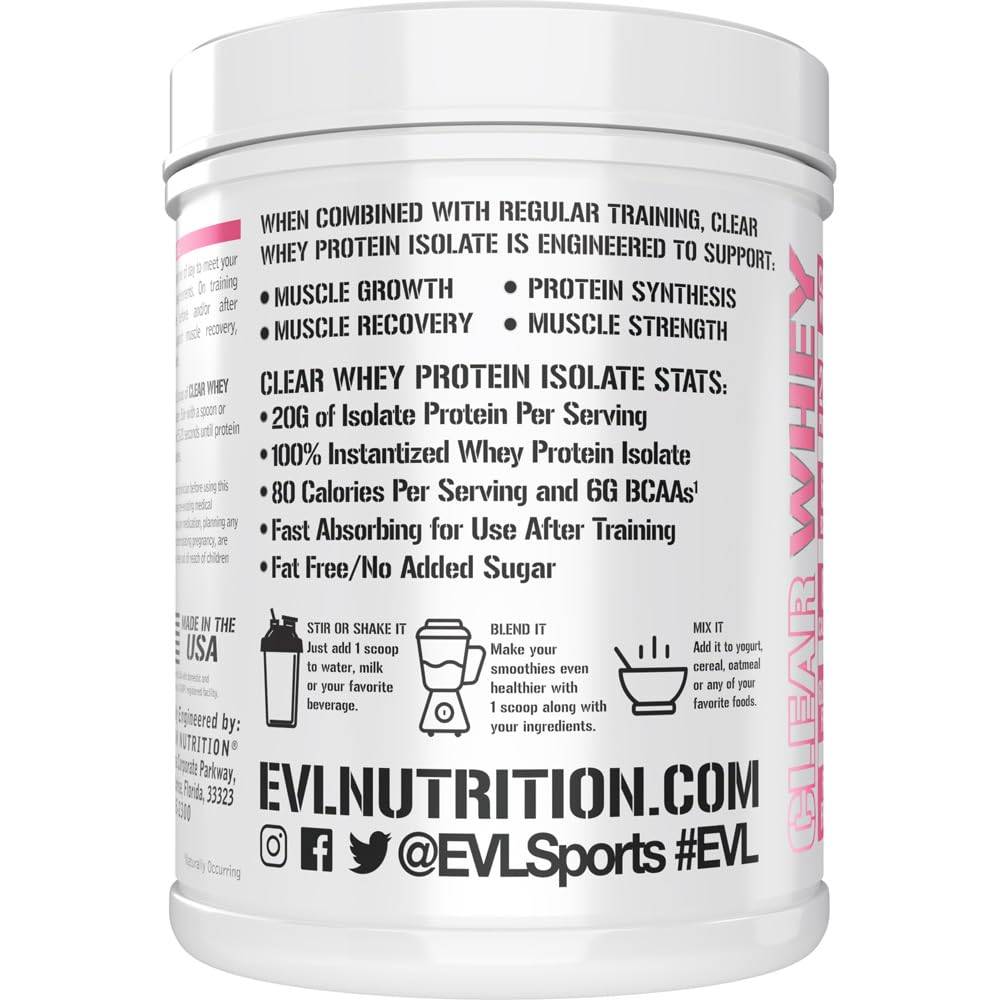 Evlution Nutrition Clear Whey - 100% aislado de proteína de suero - para crecimiento muscular, fuerza y recuperación - 20 g de proteína aislada por porción - Absorción rápida - Sin gluten y grasa - 1