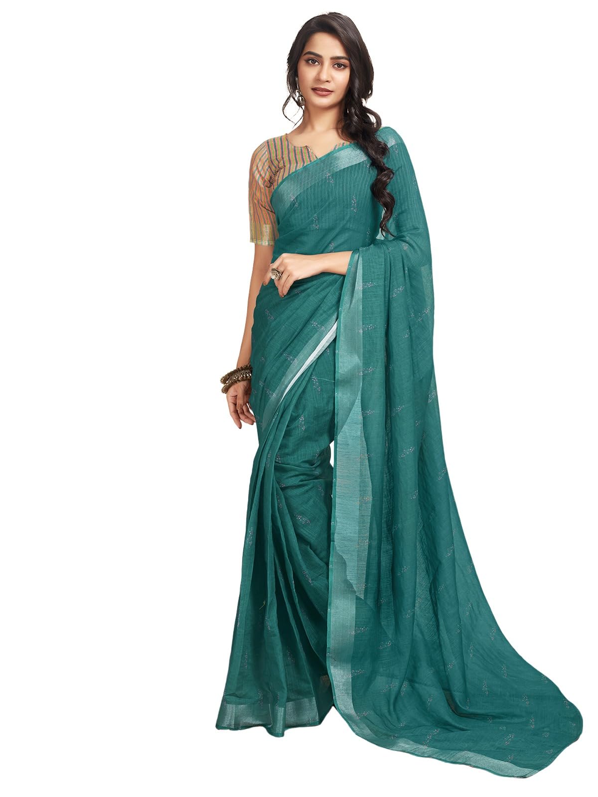 Satrani Women's Cotton Printed Zari Stripe Ready To Wear Saree With Unstitched Blouse Piece (18Rs167N_Rama Green4)