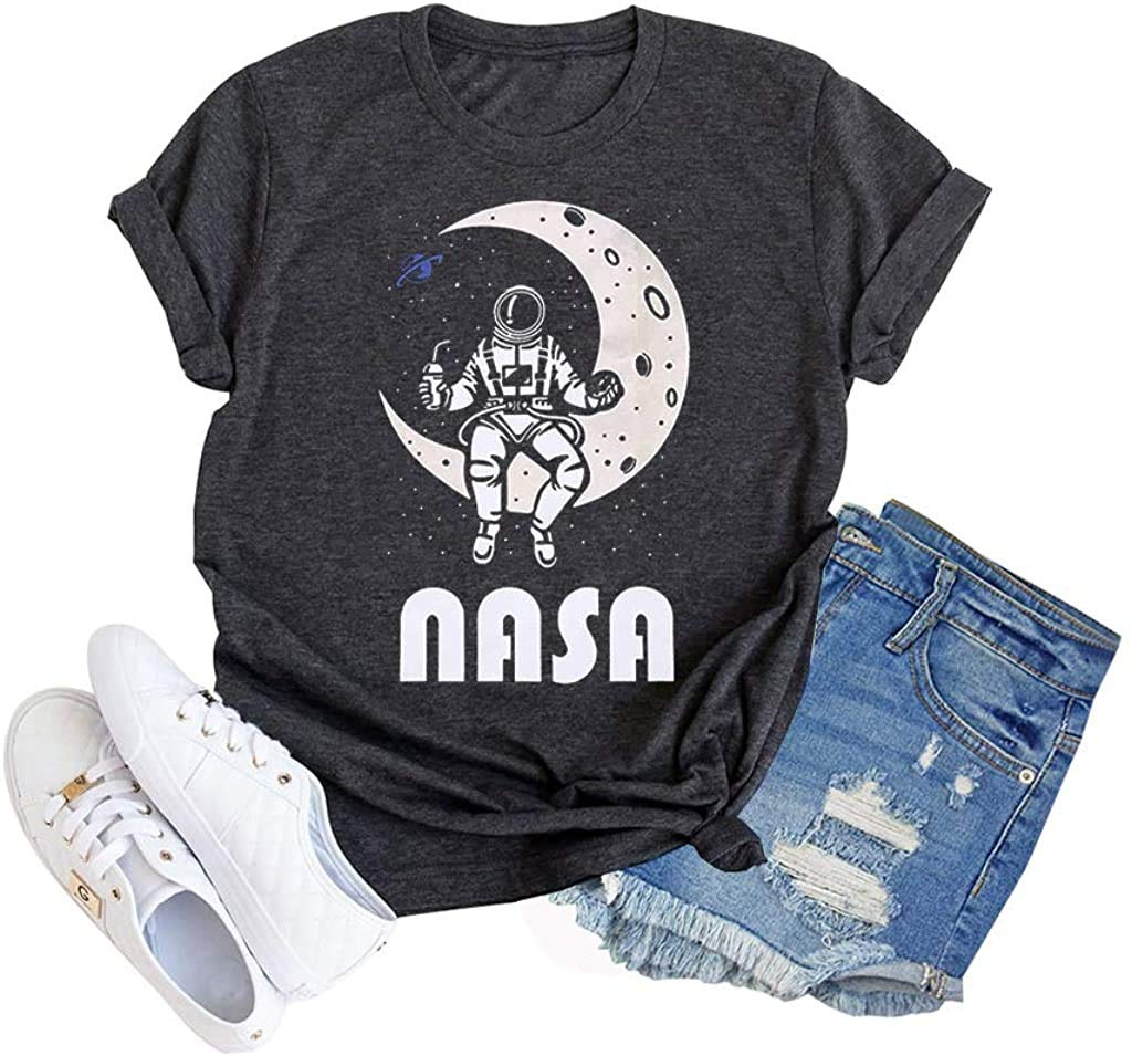 BinshreGraphic Shirt Women Cute Astronaut Moon Space Graphic Short Sleeve Tee Top