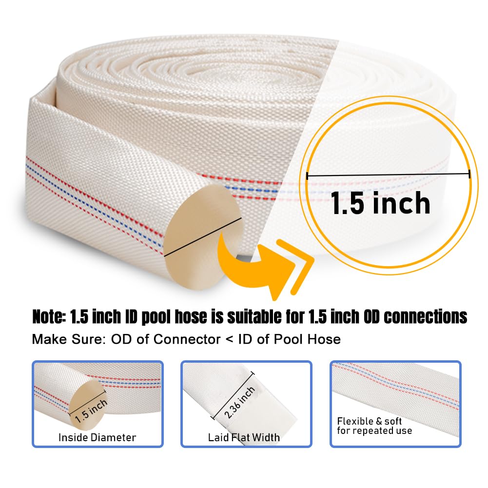 Eoiips Manguera de retrolavado para piscina, 1.5 pulgadas x 65.6 pies de longitud, manguera de descarga de agua de PVC plana con abrazadera de manguera ajustable para patio, jardín, riego de césped y