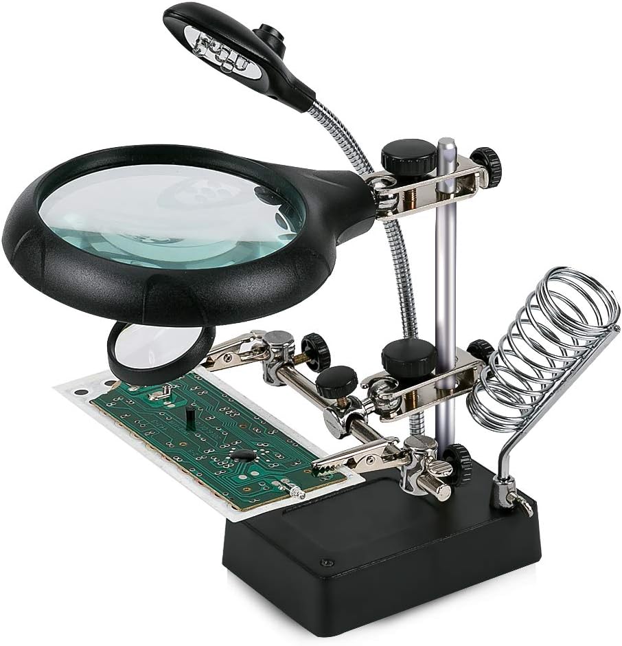 Welding Magnifying Glass with LED Light Desktop Third Hand Soldering Repair Tool 2.5X 90mm (diameter), 7.5X 34mm, 10X 34mm Desk Lamp Helping Hands Auxiliary Clips Alligator Clamp Stand Repair