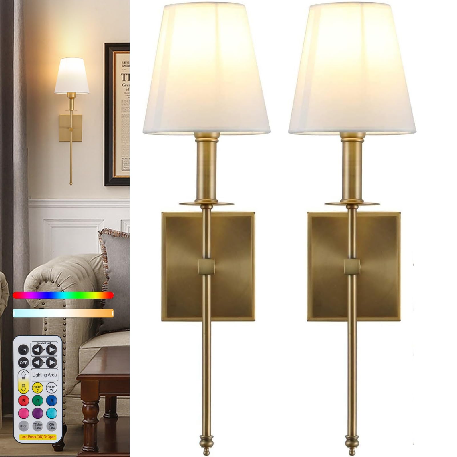 Wall Lights Battery Operated Wall Sconces Set Of 2,Gold Rechargeable Wall Light With Wireless Remote Dimmable,10 Colors Modes Cordless Battery Sconce Indoor Wall Lamp For Bedroom Living Room Hallway(G