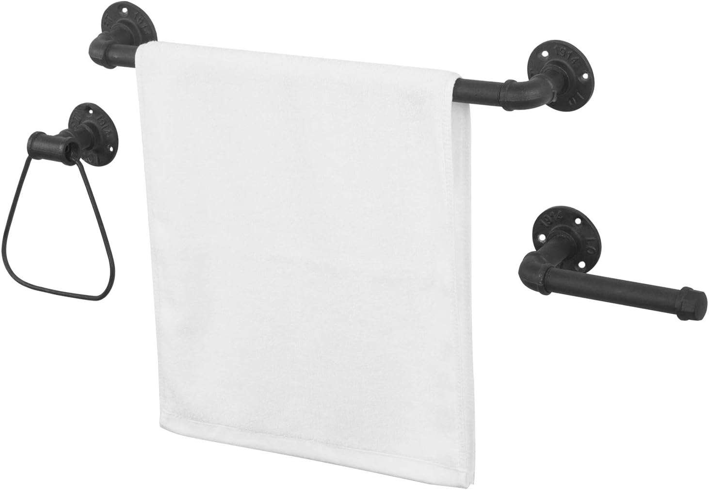 MyGift 3-Piece Matte Black Metal Pipe Bathroom Hardware Set with Toilet Paper Holder, Hand Towel Ring and Bath Towel Bar Rack