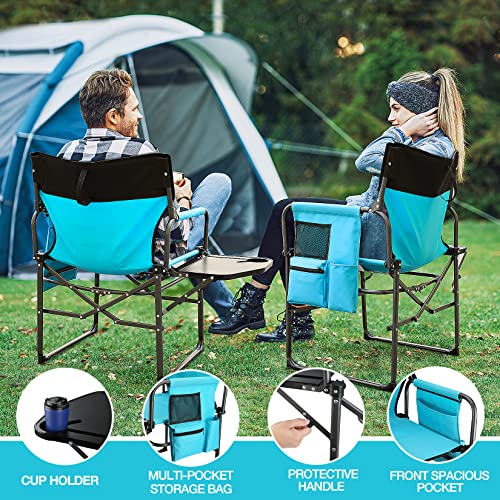 Haushof Camping Chair With Side Table And Storage Pockets, Portable Folding Directors Chair, Heavy Duty Camp Chair For Adults Outdoor Fishing Beach, Blue #TOP3