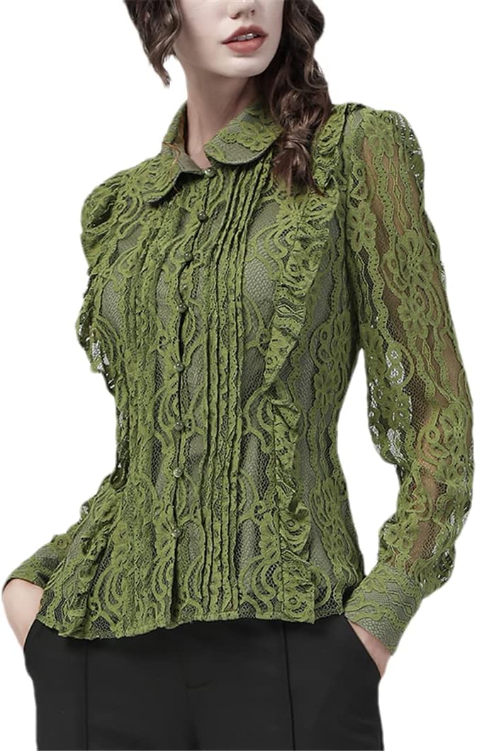 Hook Floral Hollow Womens Lace Tunic Shirts Turn-Down Collar Office Ladies Tops and Blouses