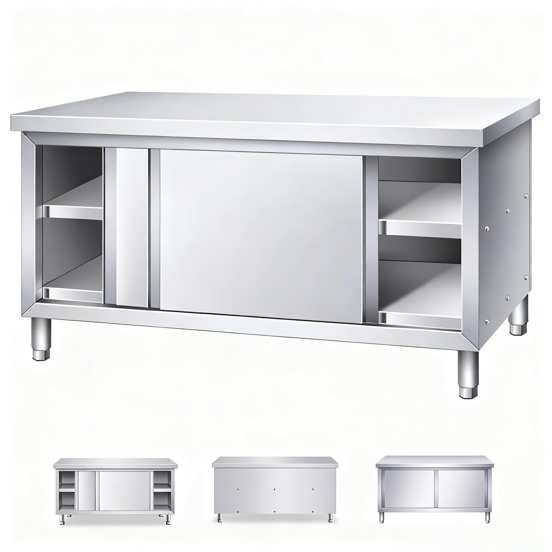Tavolo da lavoro in acciaio inossidabile, tavolo da cucina resistente con ante scorrevoli, armadietti per ristorante, casa, lavanderia, banco da lavoro da 100 cm, 80 x 60 cm