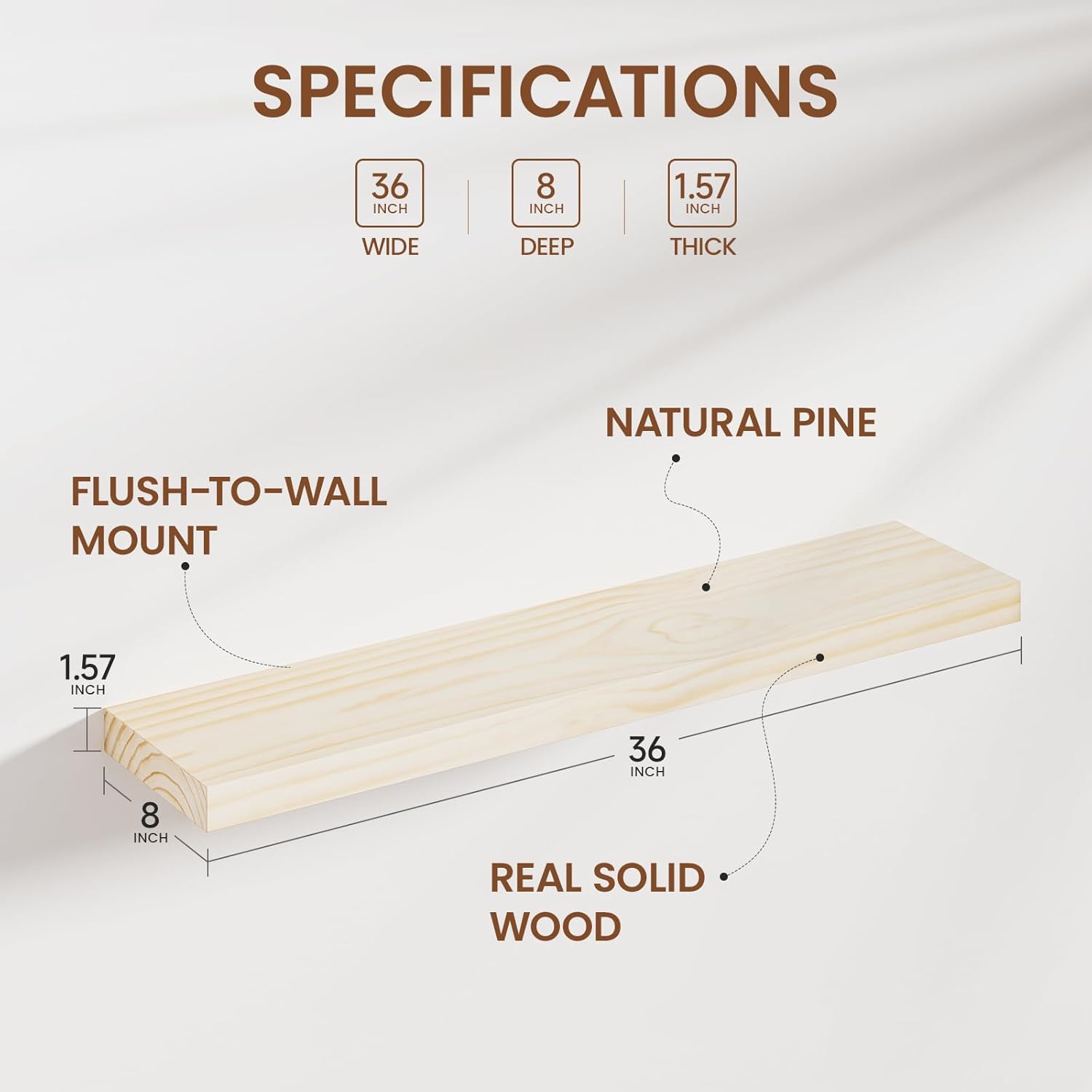 Heimlove 36 Inch Floating Shelves for Wall Solid Wood Shelves Set of 2,Wall Mounted Rustic Wood 8 Inch Deep Floating Shelf with Invisible Brackets for Bedroom Kitchen Living Room 36''W x 7.9''D x 1.5''H,Set of 2-Pine Wood Natural-unfinished