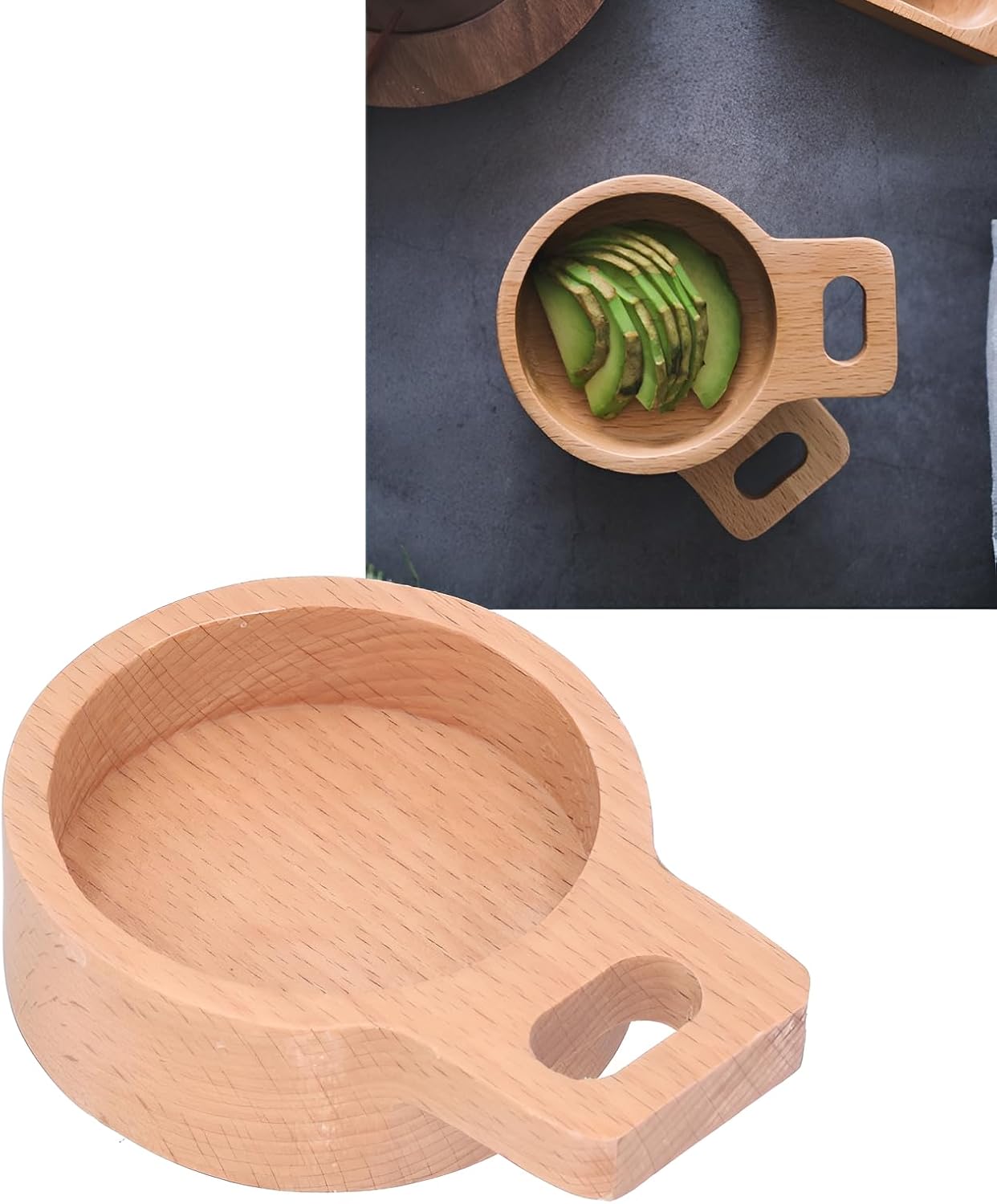 Beech Wood Round Snack Dish with Handle Dipping Bowl