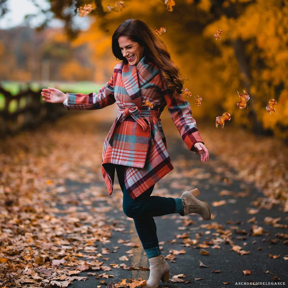 CHICWISH Women's Turn Down Shawl Collar Earth Tone Check Asymmetric Hemline Wool Blend Coat - Image 3