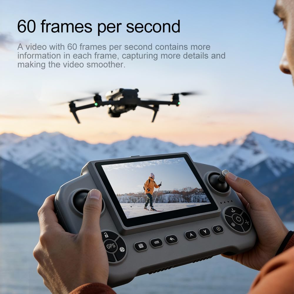 Drone GPS con fotocamera 2K HD, telecomando display 5,1", quadricottero FPV pieghevole per principianti, posizionamento ottico, ritorno con un tasto, evitazione ostacoli, 2 batterie, scheda SD