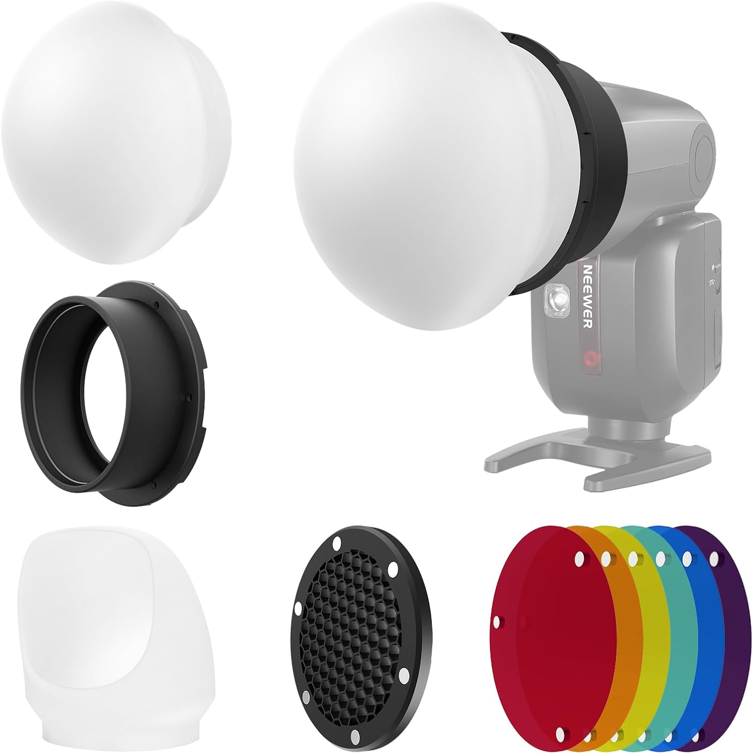 NEEWER Flash Accessories Kit with Silicone Diffuser, Grid, Reflector, 6X Color Gel & 1x Magnetic Adapter Ring Compatible with Godox V1/V1 PRO NEEWER Z1 Z2 Round Head Camera Speedlight, CRS5