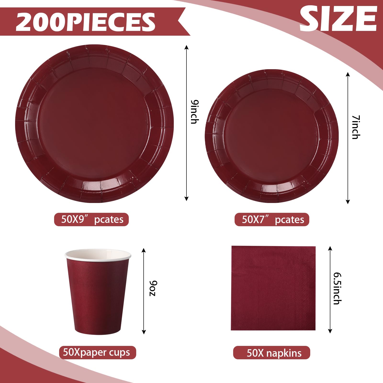 Tioncy Juego de 200 platos de papel desechables, vasos y servilletas, suministros de fiesta, para 50 invitados, vajilla de papel desechable para cumpleaños, boda, baby shower, picnic familiar (rojo