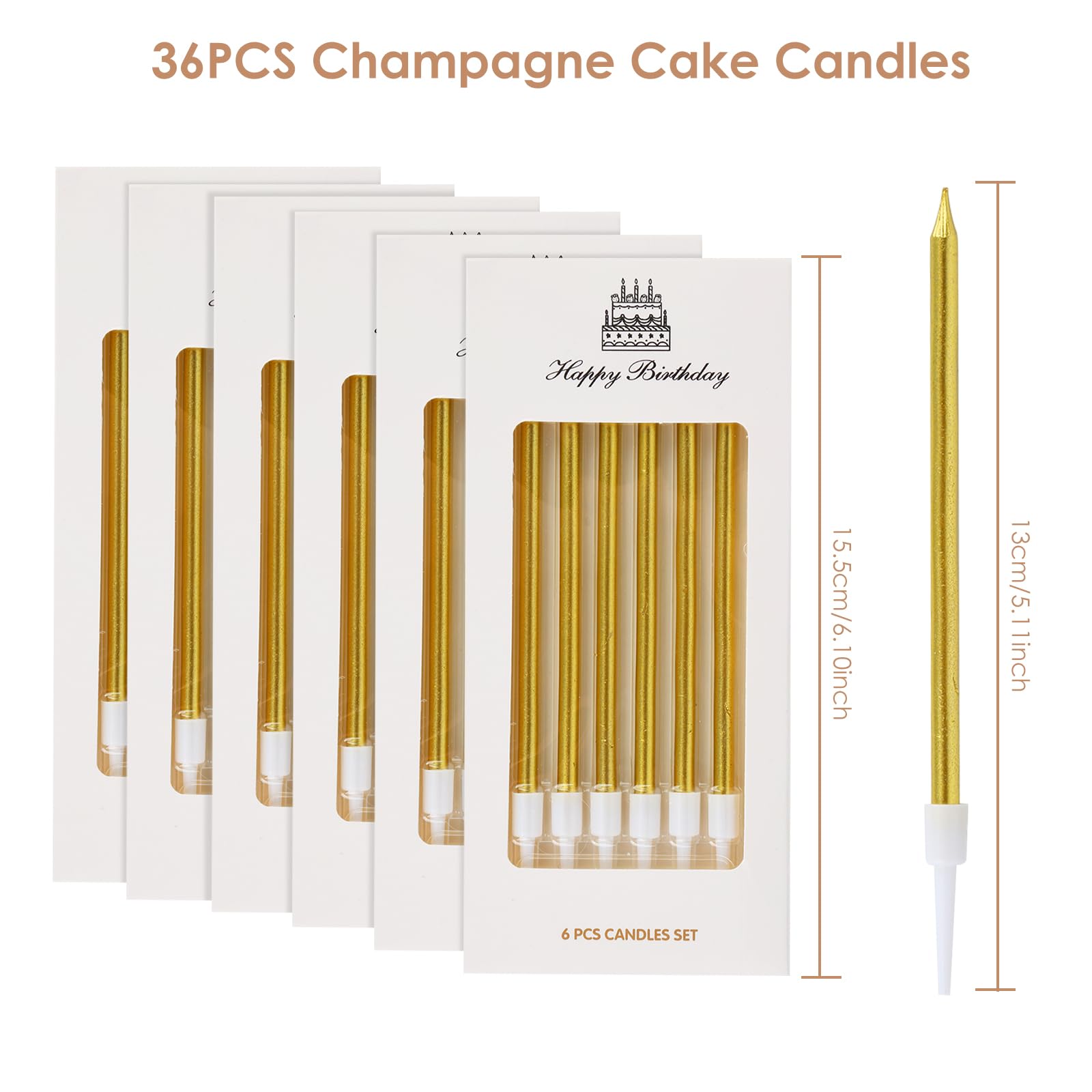 Bougies Anniversaire Dorée 36 Pièces avec Supports Longues et Fines Gold pour Gâteau Fête