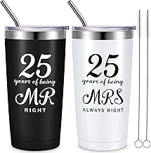 2 Pcs 25th Wedding Anniversary Coffee Mug 25 Years of Being Mr/ Mrs Always Right Present Set Silver 25th Anniversary Presents for Couple 20 oz Mug Tumbler with Lids for Parents Travel (25th Tumbler)