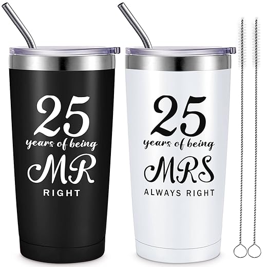 Cunhill 2 Pcs Wedding Anniversary Coffee Mug Being Mr/Mrs Always Right Present Set Anniversary Presents for Couple 20 oz Mug Tumbler with Lids for Grandparents Parents (25th Tumbler)